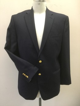 LAUREN, Navy Blue, Wool, Solid, Single Breasted, Collar Attached, Notched Lapel, 3 Pockets, 2 Gold Buttons