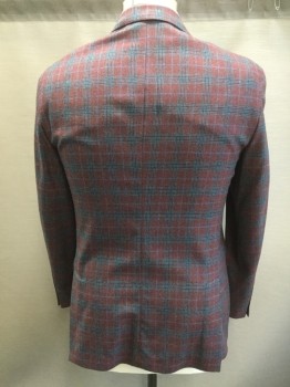 TASSO ELBA , Cranberry Red, Cornflower Blue, Lt Gray, Black, Wool, Plaid-  Windowpane, Single Breasted, 2 Buttons,  Notched Lapel, 3 Pockets,
