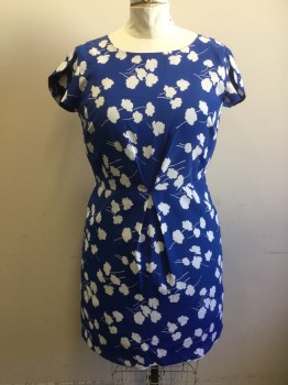 TOMMY HILFIGER, Blue, White, Polyester, Leaves/Vines , Blue with White Leaves Pattern, Cap Sleeves, Scoop Neck, Single Pleat Detail at Center Front Waist, Hem Above Knee