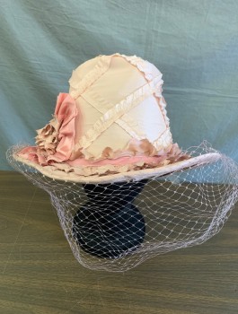 Womens, Historical Fiction Hat, N/L MTO, Lt Pink, Mauve Pink, Silk, Solid, Top Hat Style, Buckram Structure Covered in Silk Fabric, Diamond Shaped Stripes of Self Fabric, 3D Grosgrain Rosette at Side, Mauve Netting Attached, Gathered at Brim, Made To Order Reproduction **Has Stains on Brim in Back, See Photos