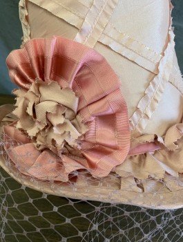 Womens, Historical Fiction Hat, N/L MTO, Lt Pink, Mauve Pink, Silk, Solid, Top Hat Style, Buckram Structure Covered in Silk Fabric, Diamond Shaped Stripes of Self Fabric, 3D Grosgrain Rosette at Side, Mauve Netting Attached, Gathered at Brim, Made To Order Reproduction **Has Stains on Brim in Back, See Photos