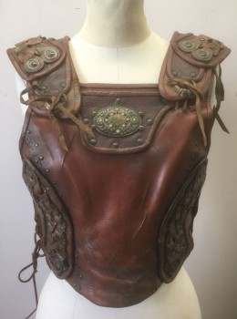 Womens, Sci-Fi/Fantasy Breastplate, N/L, Brown, Leather, Metallic/Metal, B33-35, Aged Leather, Square Neck, Bronze/Pewter Metal Studs and Plates Throughout, Grommets at Sides for Lacing/Ties, Greek/Roman Inspired, Made To Order **Missing Ties on One Side