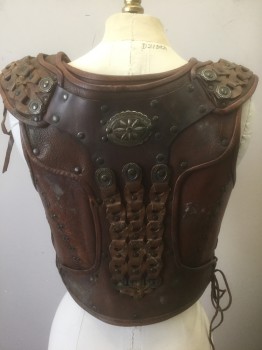 Womens, Sci-Fi/Fantasy Breastplate, N/L, Brown, Leather, Metallic/Metal, B33-35, Aged Leather, Square Neck, Bronze/Pewter Metal Studs and Plates Throughout, Grommets at Sides for Lacing/Ties, Greek/Roman Inspired, Made To Order **Missing Ties on One Side
