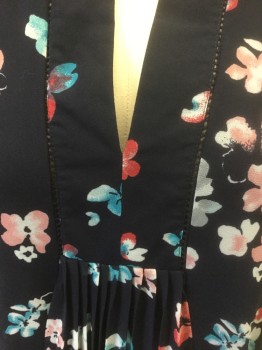 DR2, Navy Blue, Lt Pink, White, Turquoise Blue, Cherry Red, Polyester, Floral, Abstract , Navy with Multicolor Cherry Blossom Chiffon, Sleeveless, Scoop Neck with V Notch at Center Front, Pleated at Center Front Empire Waist, Shift Dress, Hem Above Knee