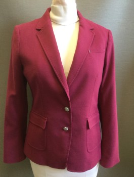 BANANA REPUBLIC, Red Burgundy, Polyester, Wool, Solid, Gabardine, 2 Silver Embossed Metal Buttons, Notched Lapel, 3 Pockets Including 2 Flap Pockets at Front Hips, Lining is White and Gray Vertical Stripes