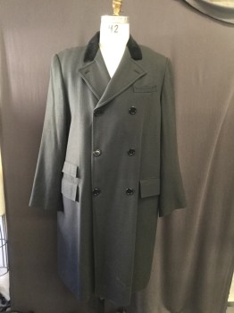 Mens, Coat 1890s-1910s, MTO, Dk Gray, Black, Wool, Silk, Solid, 46, Double Breasted, Pocket Flap, with Double Flap, Notched Lapel, Black Velvet Collar,