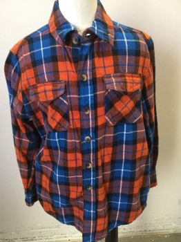 ARIZONA, Red, Royal Blue, Black, White, Cotton, Plaid, Flannel Shirt, Collar Attached, Button Front, Long Sleeves, Pocket Flaps