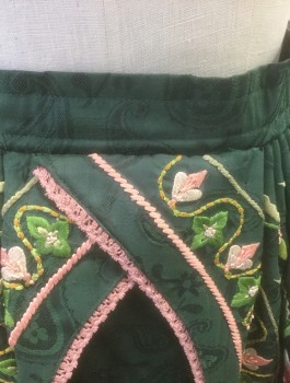 N/L MTO, Forest Green, Lt Pink, Lime Green, Silk, Paisley/Swirls, Floral, Forest Green Paisley Brocade, Light Pink and Lime Floral Embroidery Throughout, 1.5" Wide Waistband with Opening at Front, Embroidered Underlayer Attached, Cartridge Pleated at Waist, Made To Order, 1600's / 1700's