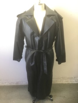 Mens, Coat, Leather, SERGIO VADDUCCI, Black, Leather, Solid, L, 2 Button Front, Notched Lapel, Epaulettes at Shoulders, Padded Shoulders, 2 Pockets, Black Plush Removable Lining, **With Matching Sash Belt