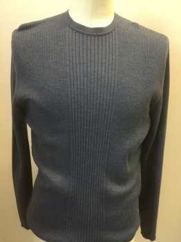BRANDINI, Slate Blue, Wool, Solid, Double, Ribbed, Crew Neck, Long Sleeves,