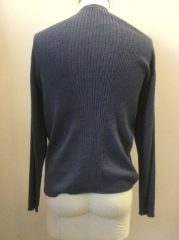 BRANDINI, Slate Blue, Wool, Solid, Double, Ribbed, Crew Neck, Long Sleeves,