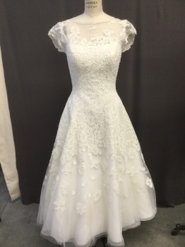 OLEG CASSINI, Off White, Polyester, Solid, Off White Lace Overlay Tulle with Lace Applique Throughout, Capsleeves, Boat Neck, Back Zipper with Faux Covered Button Back, White Silky Underskirt, Tulle Slip Underneath, Ankle Length