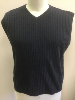 ALFANI, Graphite Gray, Wool, Solid, Graphite with Cool/Blue Tinge, Ribbed Knit, Pullover, V-neck