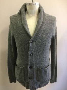 PENGUIN, Lt Gray, Black, White, Wool, Nylon, Speckled, 5 Buttons, Shawl Collar, 2 Patch Pockets, Microfiber Elbow Patches