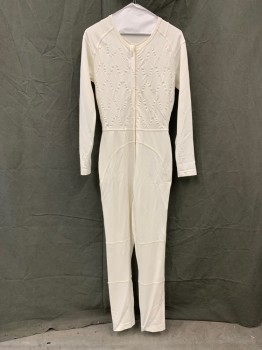 Unisex, Sci-Fi/Fantasy Jumpsuit, MTO, White, Synthetic, Solid, W: 26, C: 34, Zip Front, Scoop Neck, Wavy Line Stitching Across Top Front, Raglan Long Sleeves, Curved Back Seams