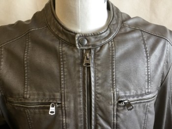 LEVI'S, Gray, Leather, Polyester, Solid, Mandarin/Nehru Collar with 1 Metal Snap, Zip Front, 3 Vertical Seams on Each Side, Fc0773174 Pockets with Zipper, Long Sleeves with 1" Horizontal Quilt at Elbow Area, Olive Lining