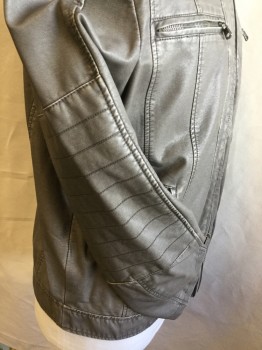 LEVI'S, Gray, Leather, Polyester, Solid, Mandarin/Nehru Collar with 1 Metal Snap, Zip Front, 3 Vertical Seams on Each Side, Fc0773174 Pockets with Zipper, Long Sleeves with 1" Horizontal Quilt at Elbow Area, Olive Lining