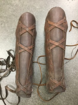 Unisex, Historical Fiction Greaves, NL, Brown, Dk Brown, Leather, Metallic/Metal, Pair, Crisscross Leather Center Front, Lace Up Center Back,