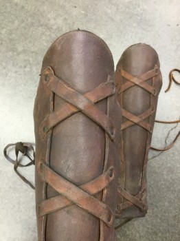 Unisex, Historical Fiction Greaves, NL, Brown, Dk Brown, Leather, Metallic/Metal, Pair, Crisscross Leather Center Front, Lace Up Center Back,