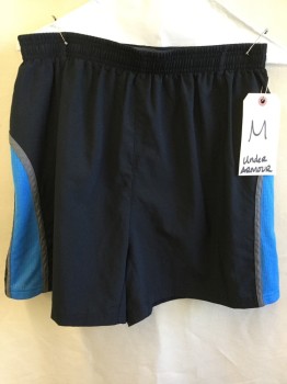 UNDER ARMOUR, Black, Gray, Blue, Polyester, Spandex, Color Blocking, Black with Gray & Blue Side Stripe Detail, Elastic Waist, Athletic Running Short