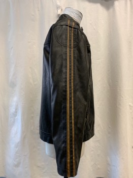ARIZONA, Faded Black, Brown, Faux Leather, Polyester, Solid, Stripes, Zip Front, Collar Tab with Snap Button, 2 Zip Pockets, Brown Yolk Piping Trim, Brown Stripes Down Sleeve