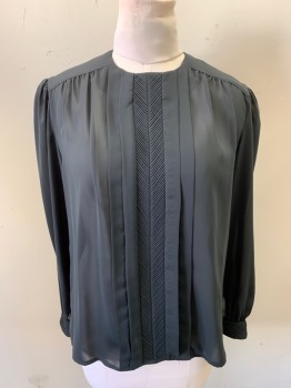 GAILORD, Black, Polyester, Solid, Long Sleeves, Half Button Back, Pleats, Center Front Pleated Chevron, Pleated Cuffs with Button, Gathered at Shoulders, No Collar, Chiffon