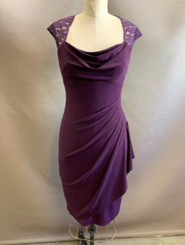 Womens, Cocktail Dress, XSCAPE, Aubergine Purple, Polyester, Spandex, Solid, Sz.6, Stretchy Material, Sheer Lace Cap Sleeves and Back Shoulders, Cowl-Neck, Pleated at Side Waist with Vertical Cascading Ruffle, Hem Above Knee, Ruching Along Invisible Zipper in Back