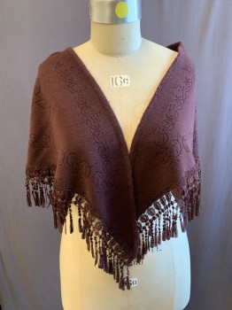 Womens, Shawl 1890s-1910s, N/L, Brown, Acrylic, Solid, Leaves/Vines , O/S, Leave/Vines Pattern, Lace Applique Fringe,