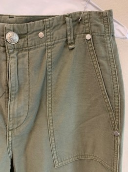 Womens, Pants, RAG & BONE, Olive Green, Cotton, Solid, 26, 4 Pockets, Belt Loops, Zip Fly, Button Closure, Cut Off Hems *Rip on Left Knee*