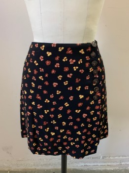 Womens, Skirt, Mini, MADEWELL, Black, Rust Orange, Salmon Pink, Yellow, Viscose, Polyester, Floral, Abstract , XXS, 7 Buttons Down Left Front, Black Poly Lining, Side Zipper