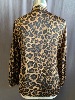 MICHAEL KORS, Brown, Black, Polyester, Animal Print, V-neck, Band Tie Collar, Long Sleeves with Gathered Lower Sleeve, Button Cuff