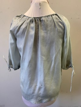 Womens, Historical Fiction Blouse, N/L, Lt Gray, Silk, Solid, B34-38, M, Peasant Blouse, Drawstring Scoop Neck, Raglan 3/4 Sleeves with Drawstring Cuffs, Lightly Aged - Has Stains and Dirt Throughout, Reproduction