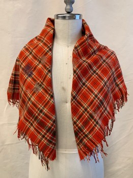 Womens, Shawl 1890s-1910s, N/L, Red, Black, White, Wool, Plaid, O/S, Fringe, Square, Tattered, Repaired in Many Places