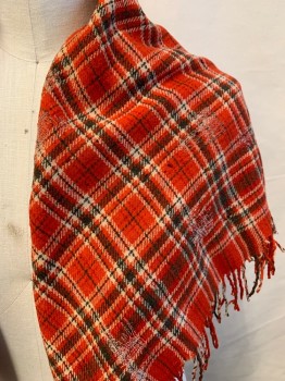 Womens, Shawl 1890s-1910s, N/L, Red, Black, White, Wool, Plaid, O/S, Fringe, Square, Tattered, Repaired in Many Places