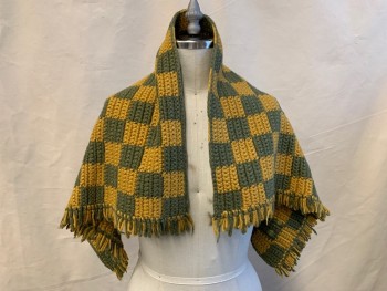 N/L, Olive Green, Mustard Yellow, Cotton, Check , Knit, Fringe
