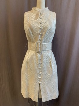EVE LE COQ, Silver, Lurex, Synthetic, Paisley/Swirls, Matelasse, Sleeveless, Collar with Curved Shape, Faux Button Loop Front, Zip Back, Inverted Pleat Center Front Hem, Self 2 3/4" Belt, 2 Pockets