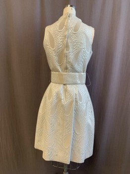 Womens, Cocktail Dress, EVE LE COQ, Silver, Lurex, Synthetic, Paisley/Swirls, W 26, B 32, Matelasse, Sleeveless, Collar with Curved Shape, Faux Button Loop Front, Zip Back, Inverted Pleat Center Front Hem, Self 2 3/4" Belt, 2 Pockets