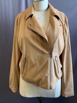 Womens, Leather Jacket, TORRID, Caramel Brown, Polyester, Spandex, Solid, 3X, Faux Suede, Off Center Zip Front, Collar Attached, 2 Zip Pockets, Long Sleeves with Zip Hem