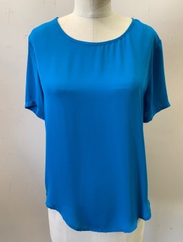OLIVACEOUS, Turquoise Blue, Polyester, Solid, Chiffon, S/S, Pullover, Scoop Neck