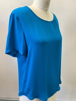 OLIVACEOUS, Turquoise Blue, Polyester, Solid, Chiffon, S/S, Pullover, Scoop Neck