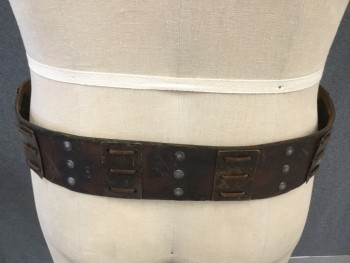 Unisex, Sci-Fi/Fantasy Belt, MTO, Dk Brown, Metallic, Copper Metallic, Leather, Metallic/Metal, W 43", Aged Dark Brown Leather, Silver Metal Round Studs, Aged Copper Rectangular Plates Attached with Leather Straps, Snap Closure, Large Copper Hinged Buckle with Silver Studs, Center Back and Up Demarcated Inside