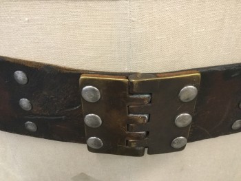 Unisex, Sci-Fi/Fantasy Belt, MTO, Dk Brown, Metallic, Copper Metallic, Leather, Metallic/Metal, W 43", Aged Dark Brown Leather, Silver Metal Round Studs, Aged Copper Rectangular Plates Attached with Leather Straps, Snap Closure, Large Copper Hinged Buckle with Silver Studs, Center Back and Up Demarcated Inside