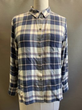 TREASURE & BOND, Navy Blue, White, Ballet Pink, Rayon, Acrylic, Plaid, L/S, Button Front, Collar Attached, Chest Pocket