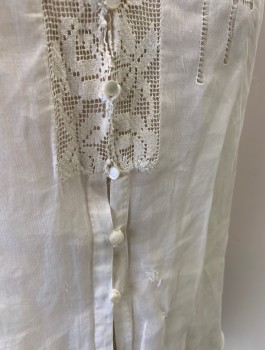 Womens, Blouse 1890s-1910s, N/L, Off White, Cotton, Solid, B:34, Sheer Batiste, L/S, Tiny Buttons in Front, Sailor Style Collar with Rounded Back, Lace Trim, Pintucks at Shoulders, Mended