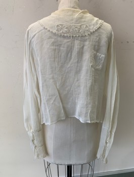 Womens, Blouse 1890s-1910s, N/L, Off White, Cotton, Solid, B:34, Sheer Batiste, L/S, Tiny Buttons in Front, Sailor Style Collar with Rounded Back, Lace Trim, Pintucks at Shoulders, Mended