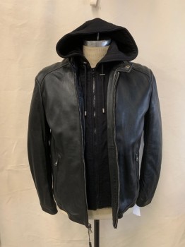 MARC NEW YORK, Black, Leather, Cotton, Solid, Band Collar with Snap, Removable Hoodie with Drawstring, And Faux Sweater Zip Front, Leather Zip Front, 2 Zip Pckts, MULTIPLES