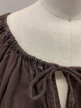 Womens, Historical Fiction Blouse, NL, Brown, Cotton, Solid, M, B:36, Drawstring Boat Neck with Tie And Key Hole Cutout, 3/4 Sleeves With Elastic, Aging On Neck, Small Tear In Back Just Below Neck