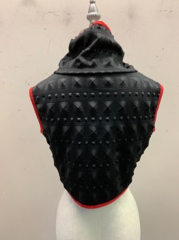Womens, Sci-Fi/Fantasy Shirt, MTO, Black, Ruby Red, Synthetic, Color Blocking, Textured Fabric, B32, Sleeveless, Crop Top, Cowl, Raised Big and Small Pyramid Stud Geometric Pattern, Red Bias Tape Trim **Bias Torn on Neck