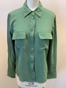 EQUIPMENT FEMME, Green, Silk, Solid, Long Sleeves, Button Front, Collar Attached, 2 Patch Pockets with Flaps