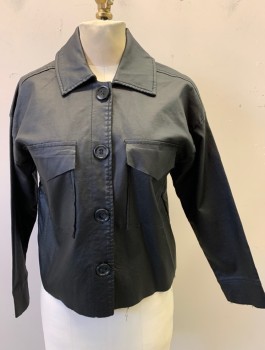 Womens, Casual Jacket, OAT, Black, Rayon, Polyester, Solid, XS, Stretch Material, 4 Buttons, Collar Attached, Raw Edge at Hem and Cuffs, 2 Large Patch Pockets with Flaps at Chest